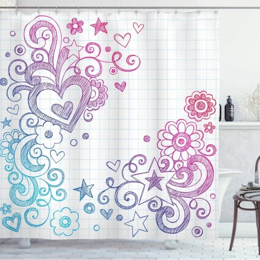 NEW Ambesonne Love Shower Curtain, Heart Swirled Sketch on Checkered Notebook